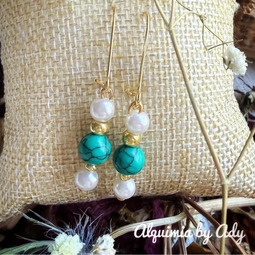 Turquoise and gold Pearl Drop Earrings